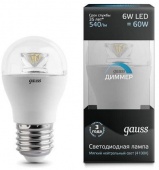 Светодиодная диммируемая лампа Gauss LED Globe-dim Crystal Clear E27 6W 4100K